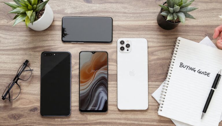 Multiple smartphones arranged on desk with buying guide notepad and pen, representing smartphone selection process