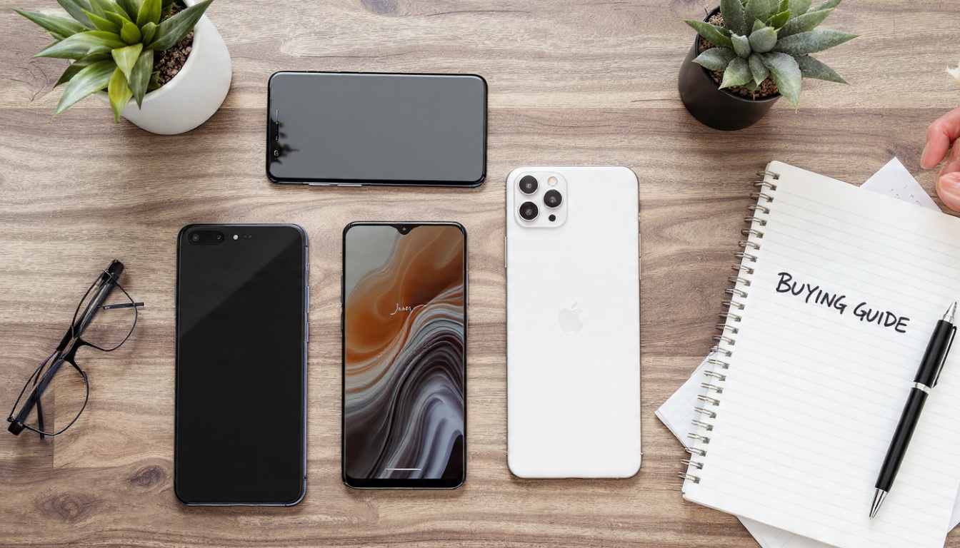 Multiple smartphones arranged on desk with buying guide notepad and pen, representing smartphone selection process