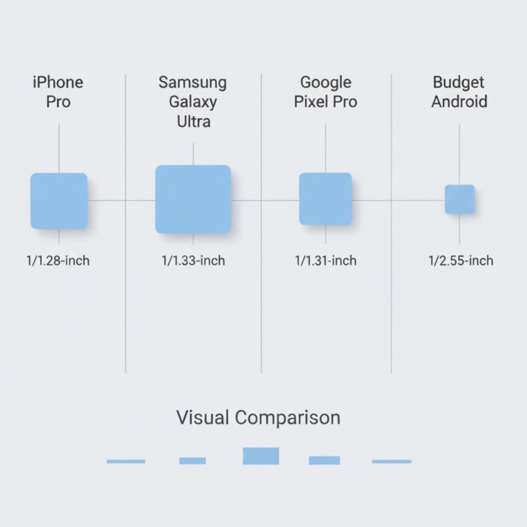 Infographic comparing physical sensor sizes across different smartphone camera models from flagship to budget phones
