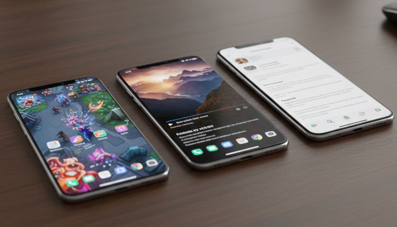 Side by side comparison of three smartphones showing different display quality levels with gaming and video content on screens