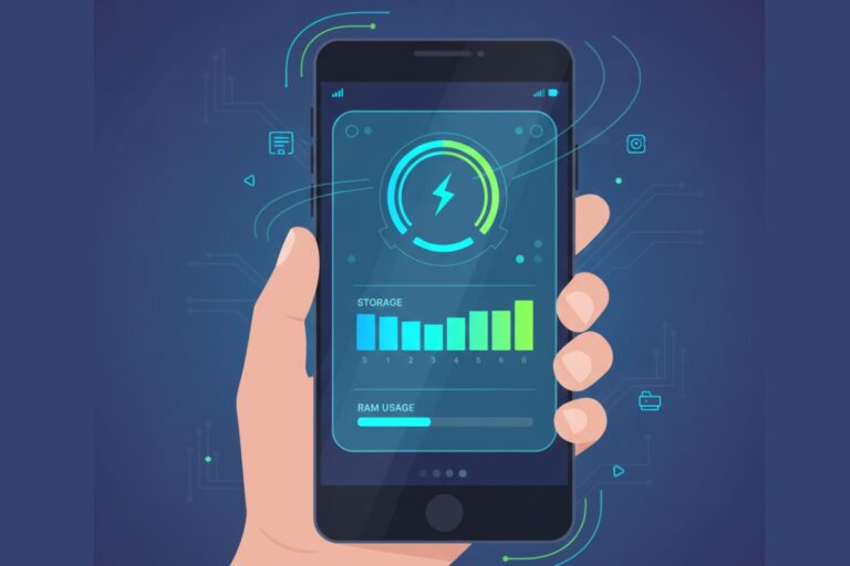 Person holding smartphone with visible performance indicators showing speed improvements and optimized settings