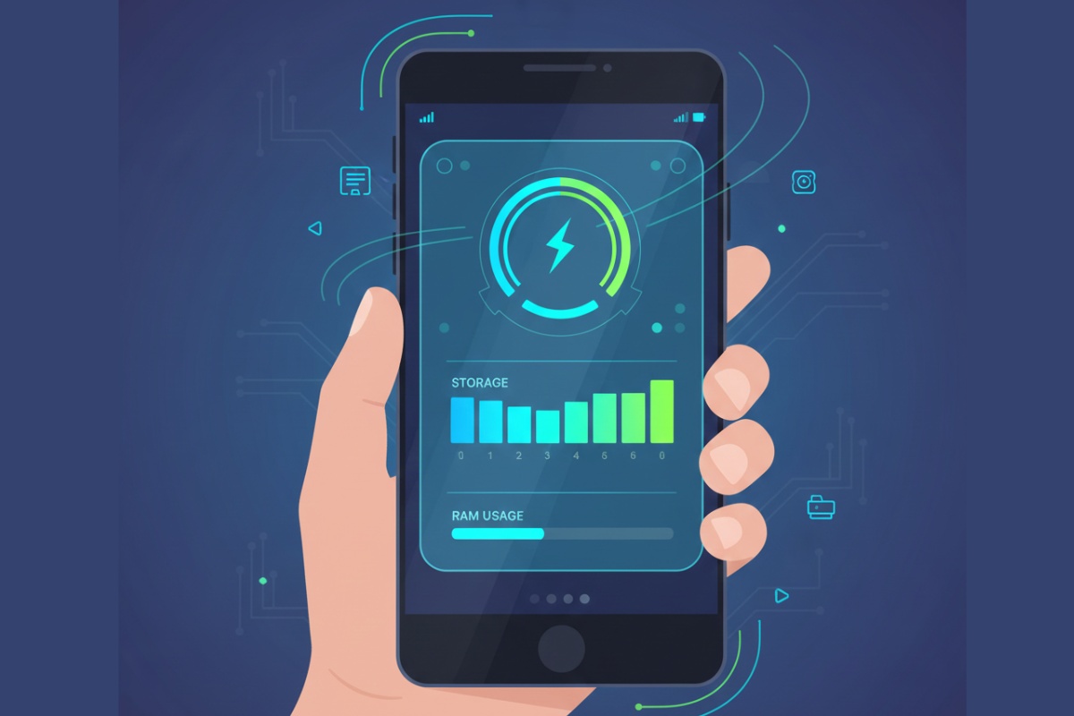 Person holding smartphone with visible performance indicators showing speed improvements and optimized settings