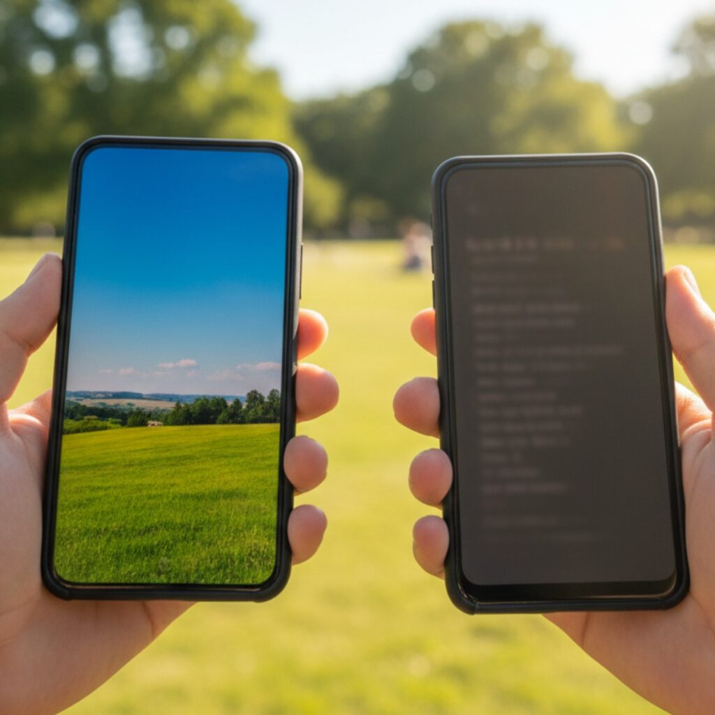 Real-world test showing smartphone screens in bright outdoor sunlight demonstrating different brightness levels and visibility