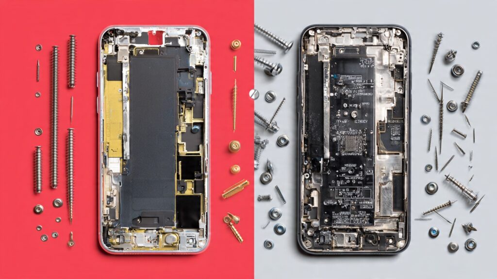 Side-by-side comparison demonstrating correct screen repair technique with properly connected ribbons cables versus common mistakes like tangled cables and disorganized screws