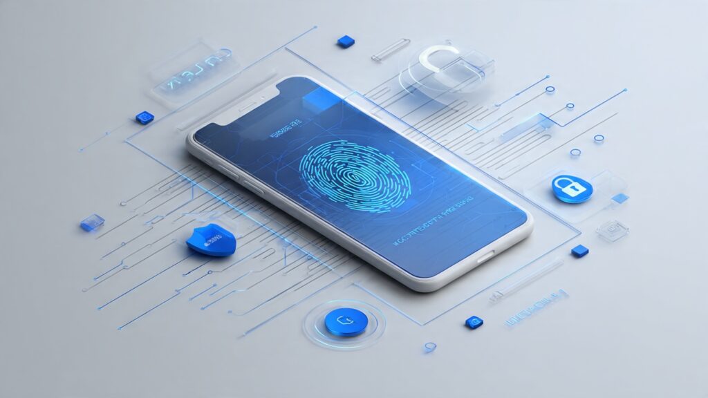 Smartphone displaying biometric fingerprint authentication and security lock screen highlighting enterprise-grade mobile security features