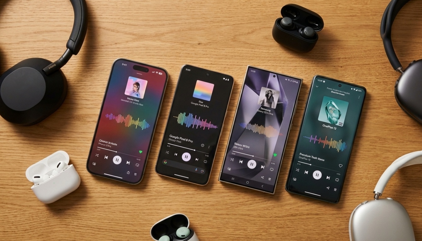 Illustration showing different smartphone speaker configurations including dual stereo and front-firing arrangements
