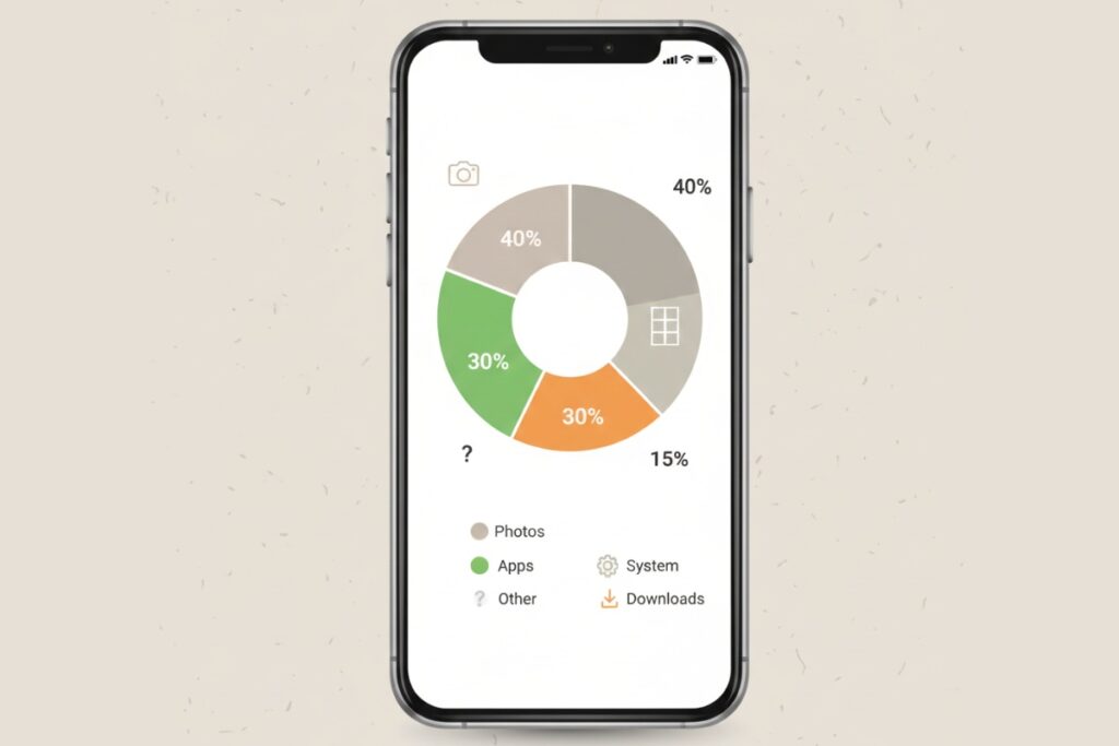 Smartphone storage breakdown showing apps, photos, and system files taking up space with color-coded categories