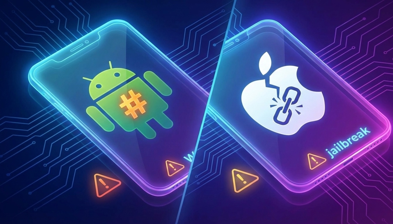 Android smartphone displaying root access terminal with warning symbol, representing the process of rooting and jailbreaking phones safely
