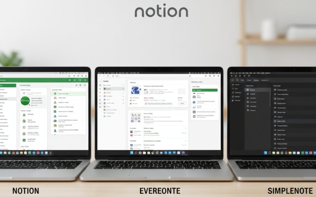 Side-by-side comparison of Notion, Obsidian, and Apple Notes interfaces showing different organizational styles