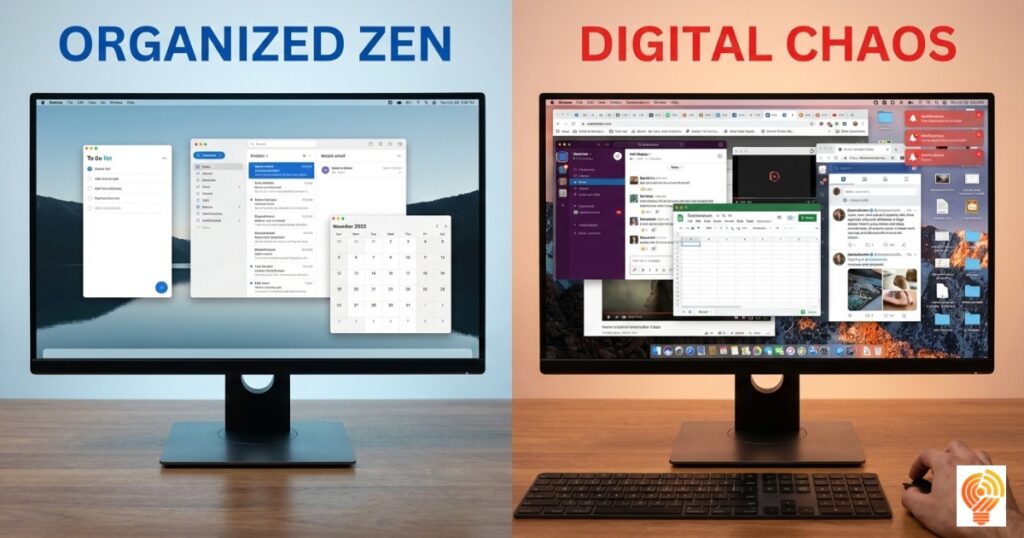 Side-by-side comparison showing organized digital workspace versus cluttered multiple-app chaos