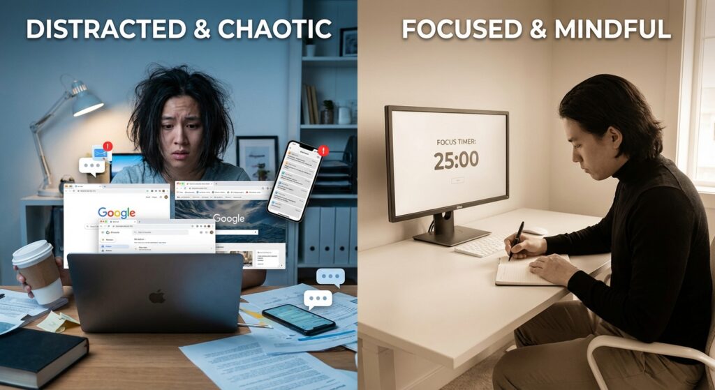 Before and after comparison of distracted versus focused work with blocking apps