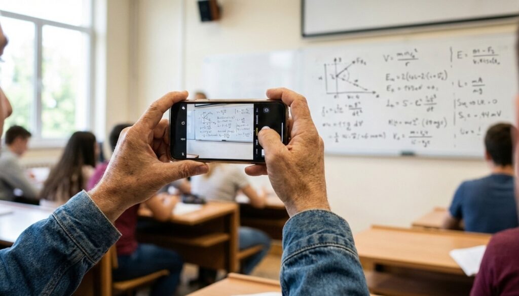 Student using smartphone camera to photograph whiteboard notes during lecture