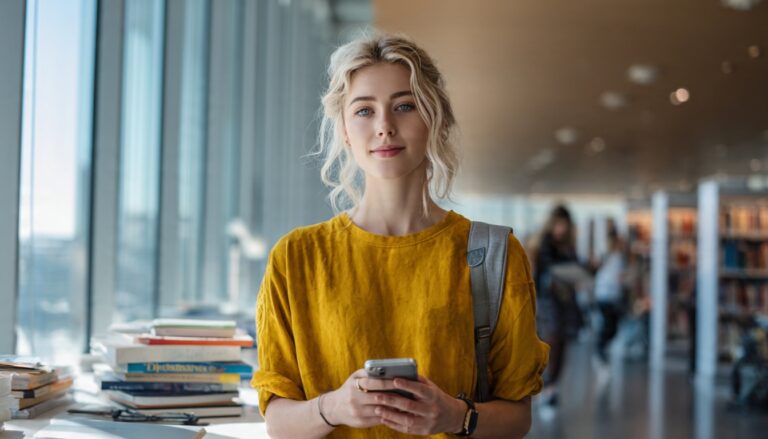 College student checking affordable smartphone while studying in bright campus library