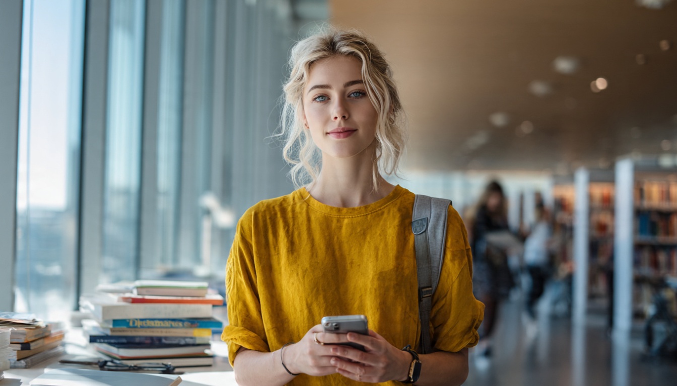 College student checking affordable smartphone while studying in bright campus library