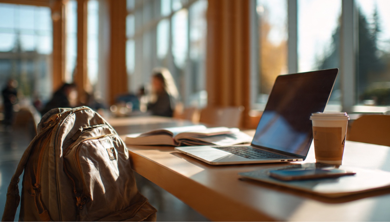 College student using a lightweight laptop in a bright library, showcasing portability and battery life for student computing needs