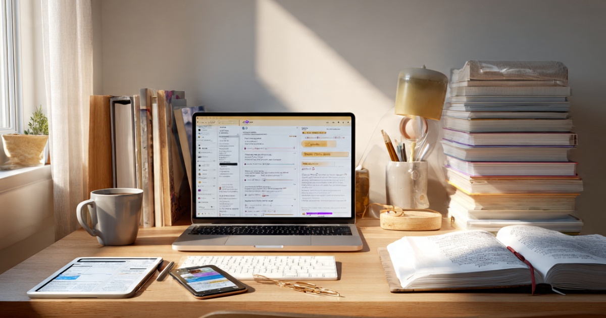 College student using multiple productivity tools on laptop and iPad for studying and organization