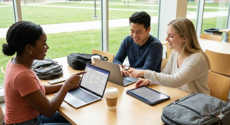 Group of diverse college students working together on laptops using collaboration software for group project