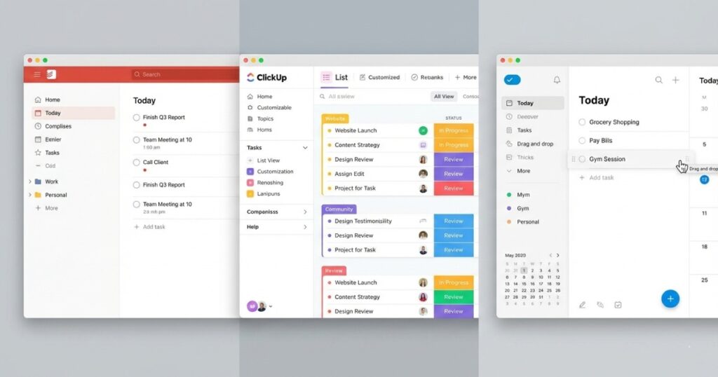 Side-by-side comparison of Todoist and other task management app interfaces showing task lists and organization features