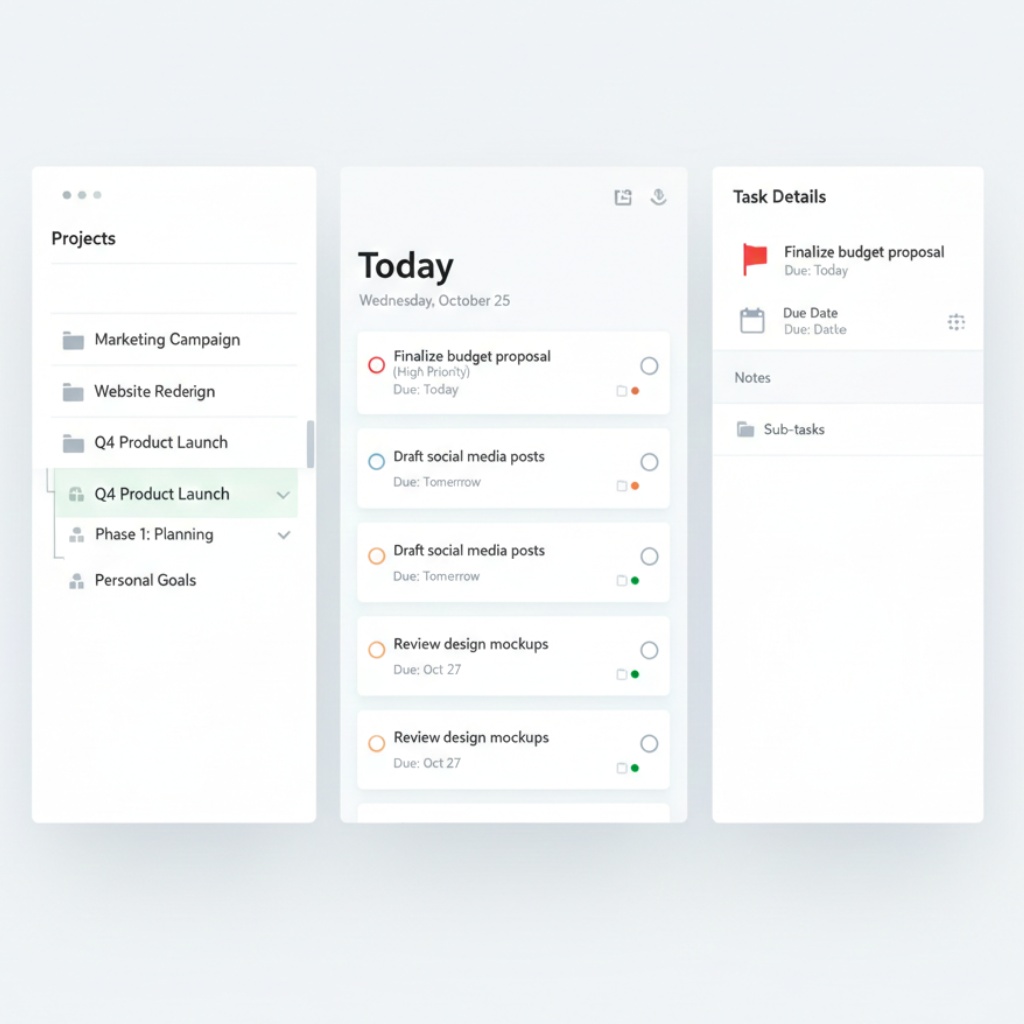 Clean task manager interface showing projects, due dates, and completed tasks for workflow management