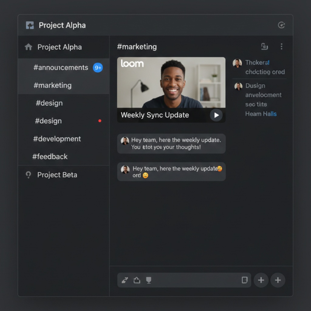 Slack workspace interface showing organized channels and Loom video message notification