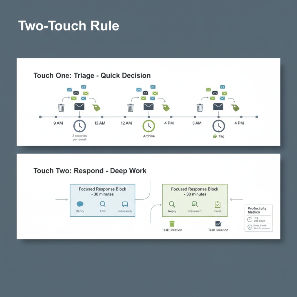 Email workflow diagram showing two-touch rule with triage times and focused response blocks for efficient inbox management