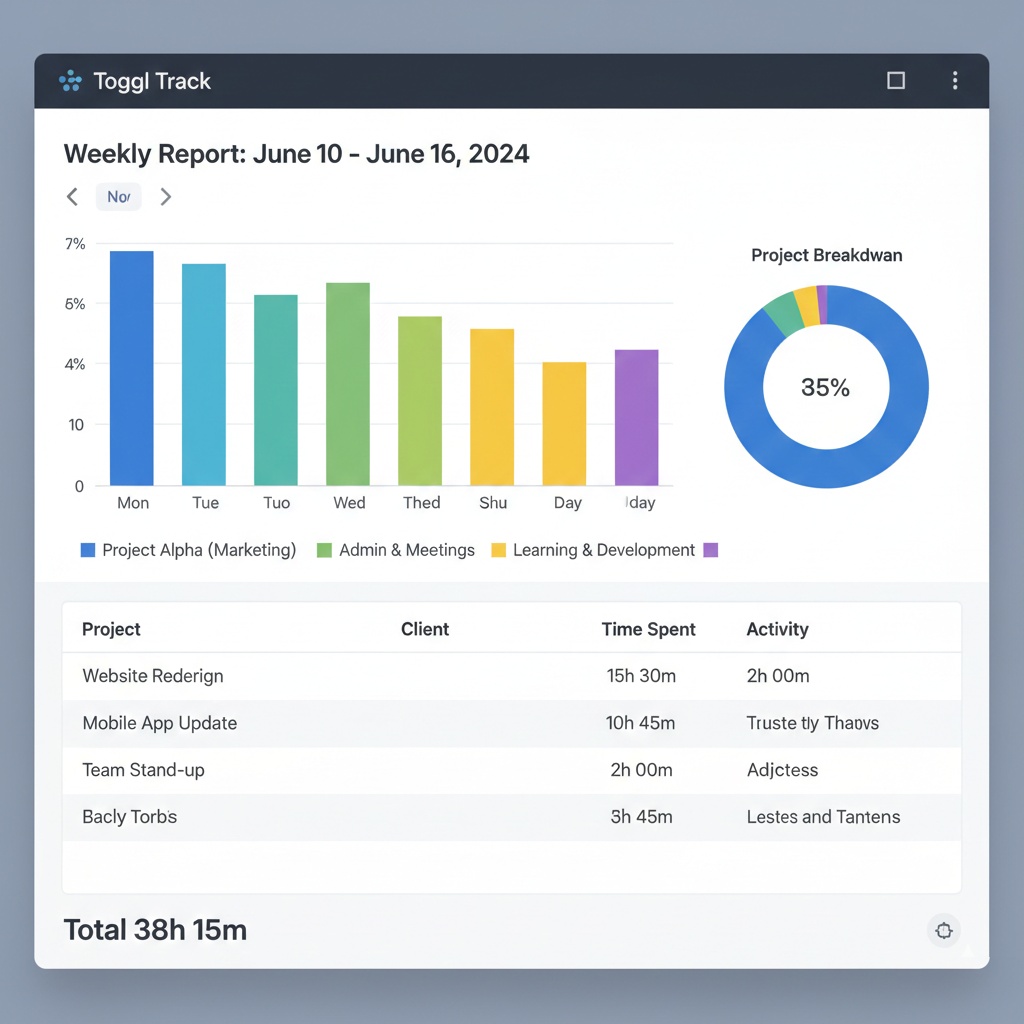 Toggl Track time tracking report showing weekly breakdown of billable hours by project
