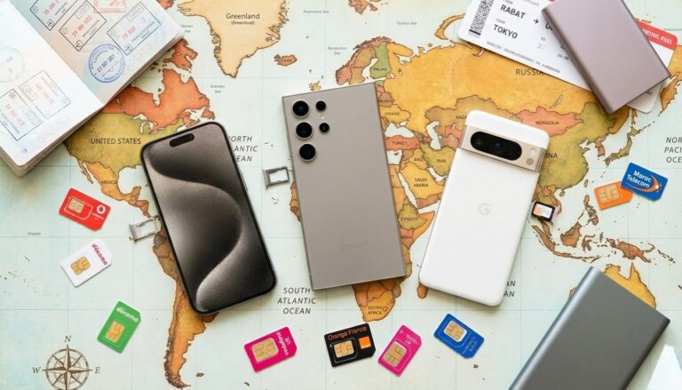Modern smartphones with dual SIM trays displayed alongside international SIM cards, passport, and travel accessories on a map background