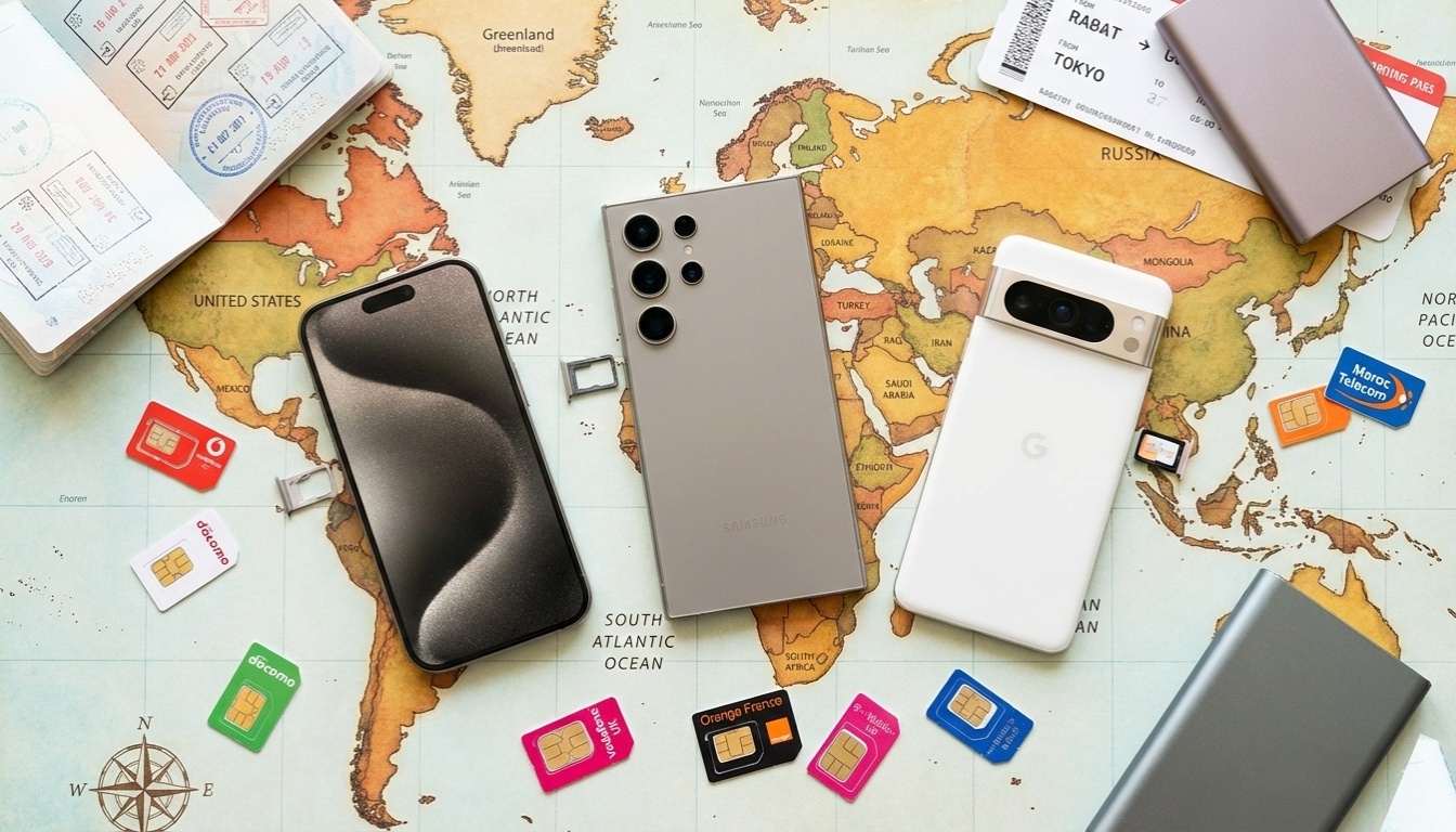 Modern smartphones with dual SIM trays displayed alongside international SIM cards, passport, and travel accessories on a map background