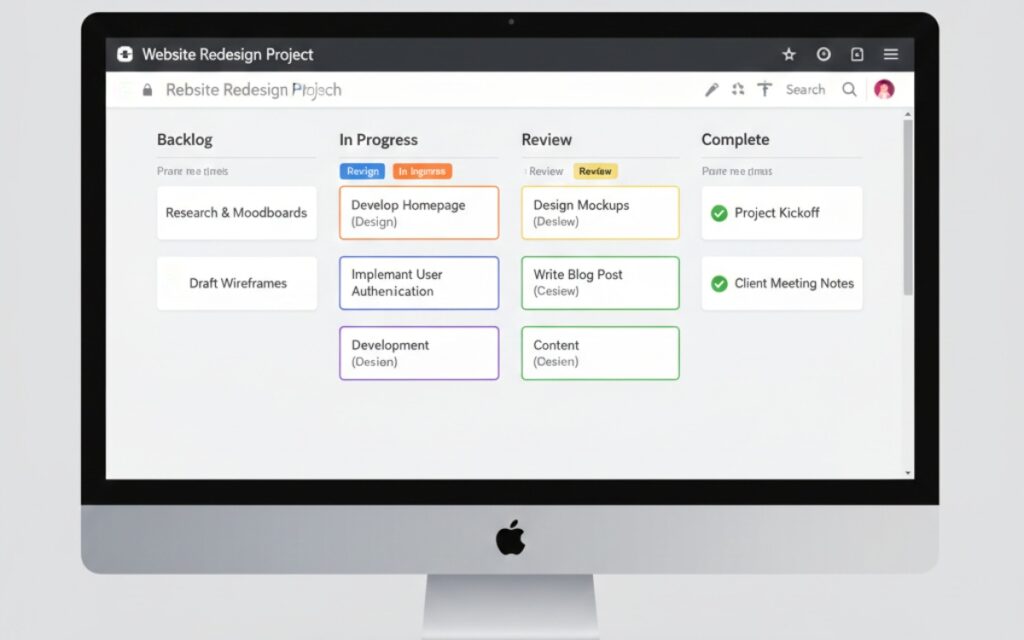 Trello kanban board showing client projects organized in columns from backlog to completion