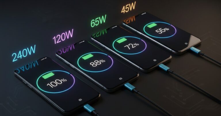 Multiple smartphones charging simultaneously showing different fast charging speeds with digital displays indicating charging percentages and wattage rates