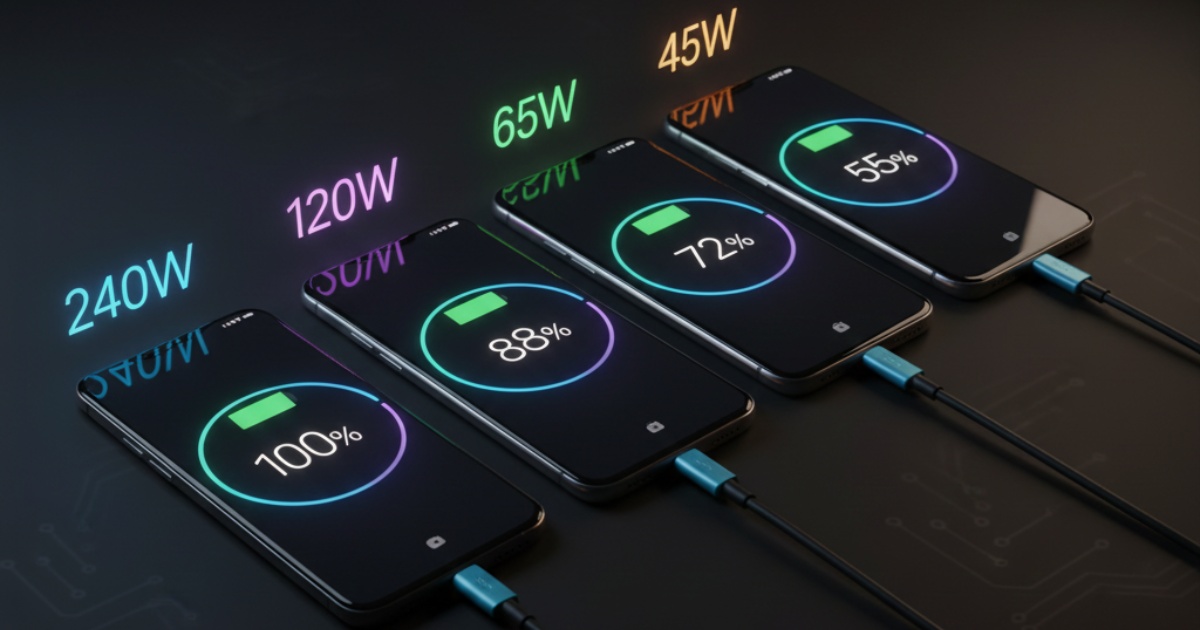 Multiple smartphones charging simultaneously showing different fast charging speeds with digital displays indicating charging percentages and wattage rates