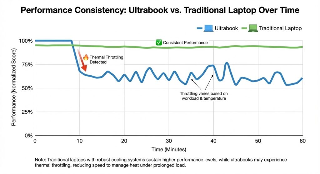 Performance graph comparing ultrabook thermal throttling against traditional laptop sustained performance