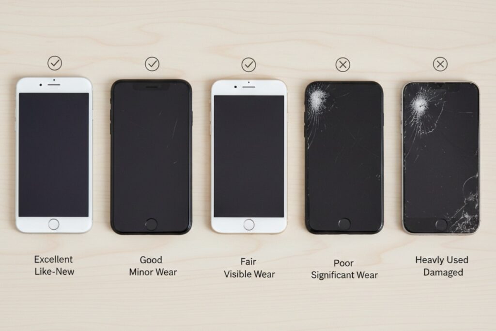 Multiple refurbished smartphones arranged on table showing different conditions from excellent to fair grade