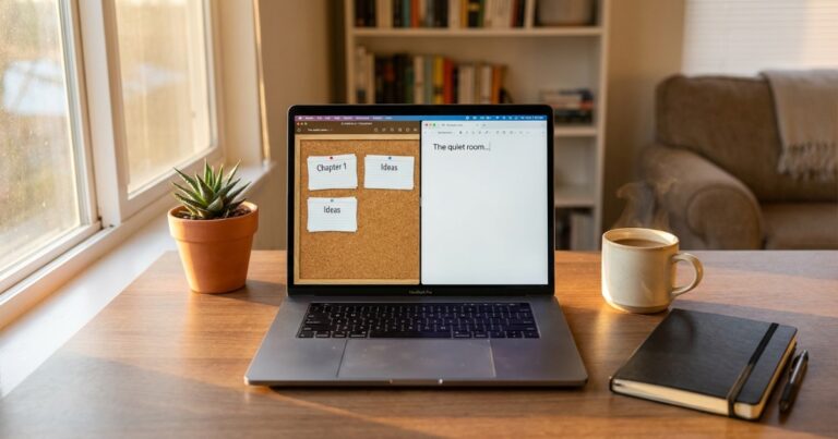 Modern minimalist desk with laptop, coffee, and productivity apps open on screen for writers
