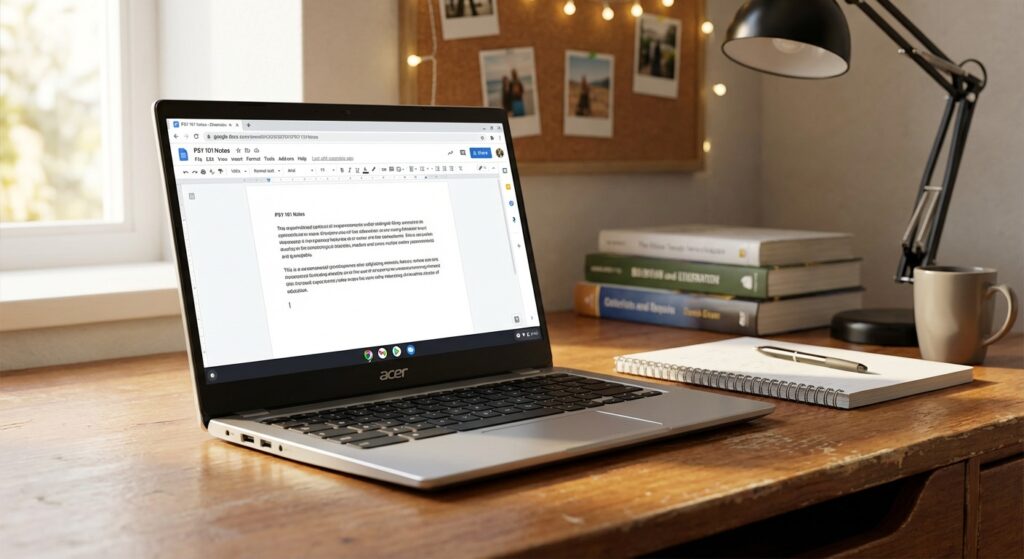 Budget-friendly Chromebook laptop on dorm room desk showing Google Docs for student essay writing