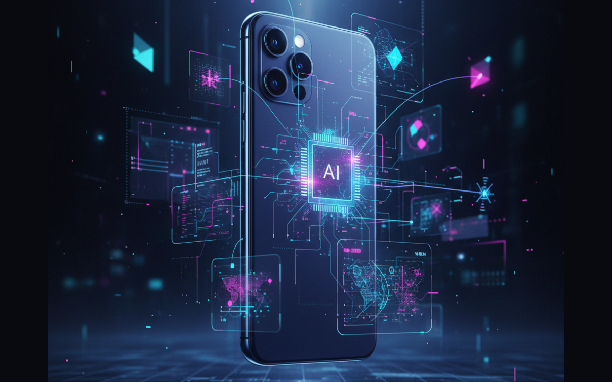 Conceptual smartphone with AI features, satellite connectivity, and advanced camera emerging from futuristic 2026 tech environment