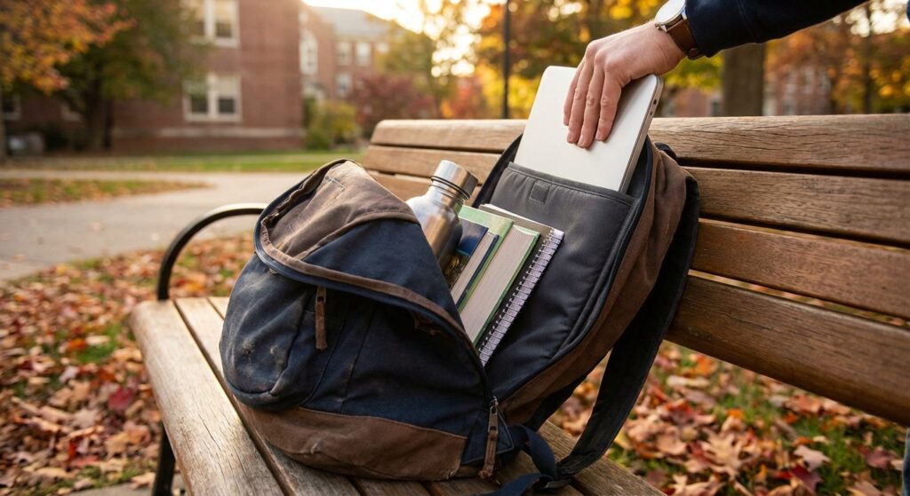 Student laptop in protective sleeve being placed in backpack with textbooks and school supplies
